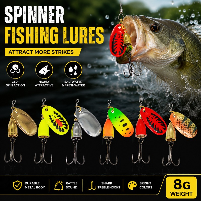 Fishing Lure Blade Bait - เหยื่อตกปลาแบบสปินเนอร์ 8 กรัม ใบโลหะหมุนได้ พร้อมกระดิ่งทองเหลือง สำหรับปลาเทราต์